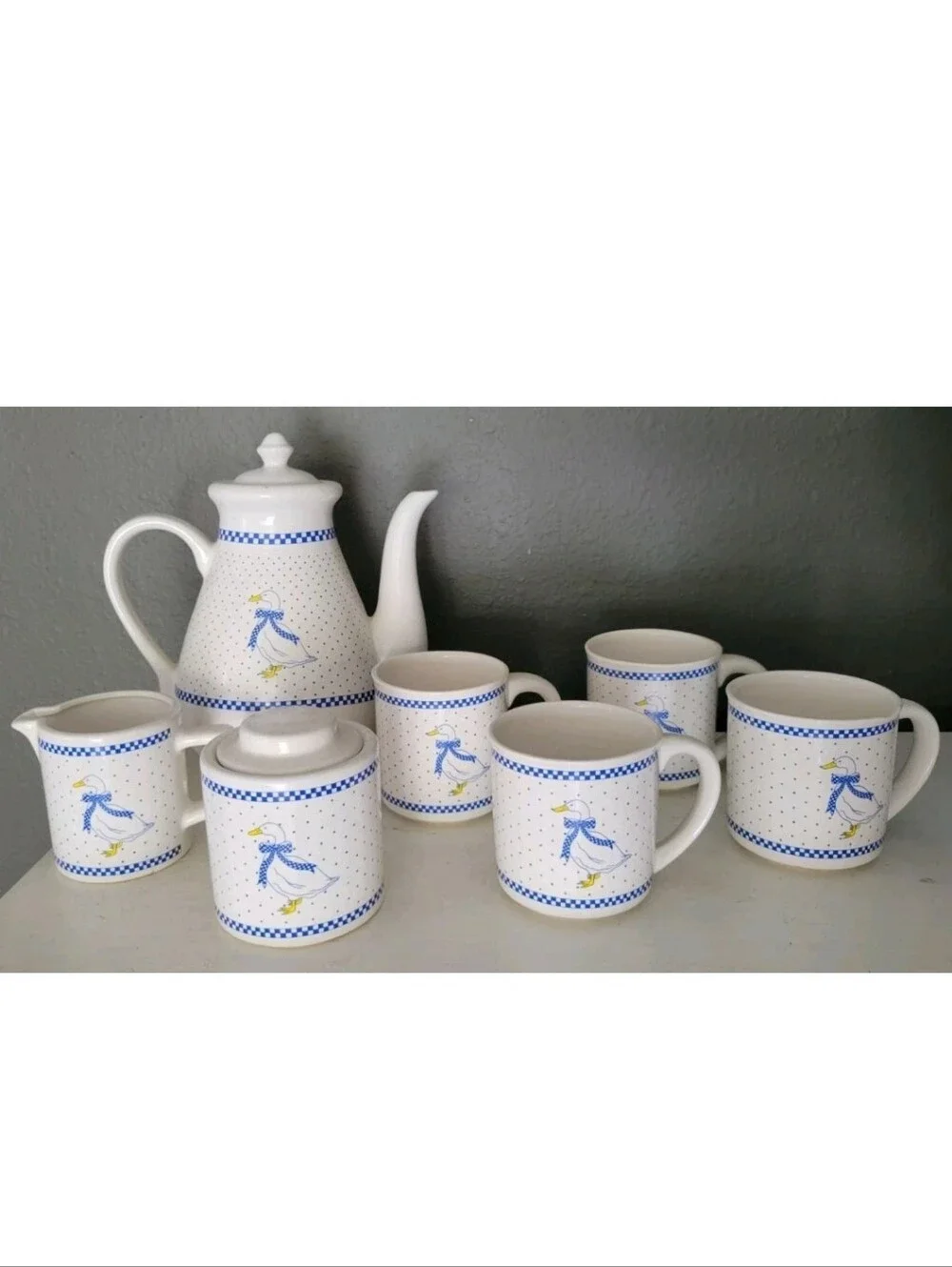 Vintage Blue Country Goose Tea Coffee Pitcher Mug Creamer Set Duck Cottagecore